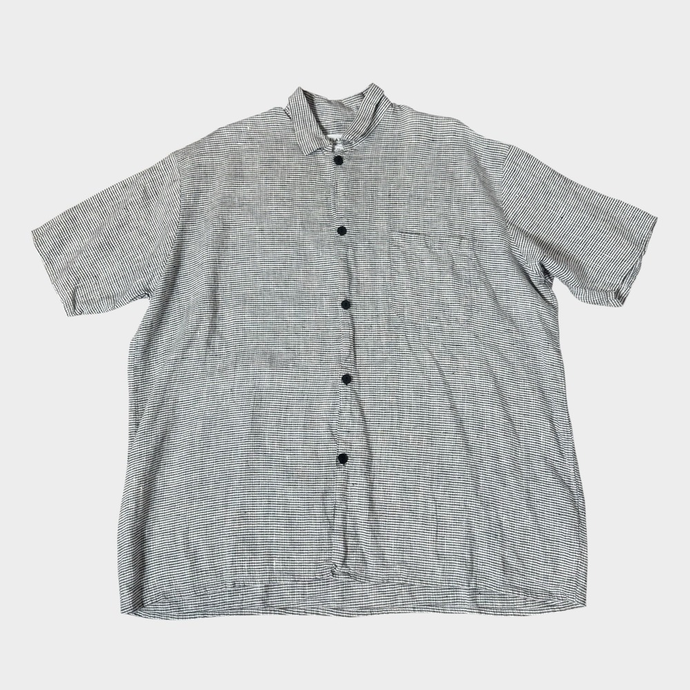 FLAX 100% Linen Camp Shirt Short Sleeve L Check Black White Coastal Old Money